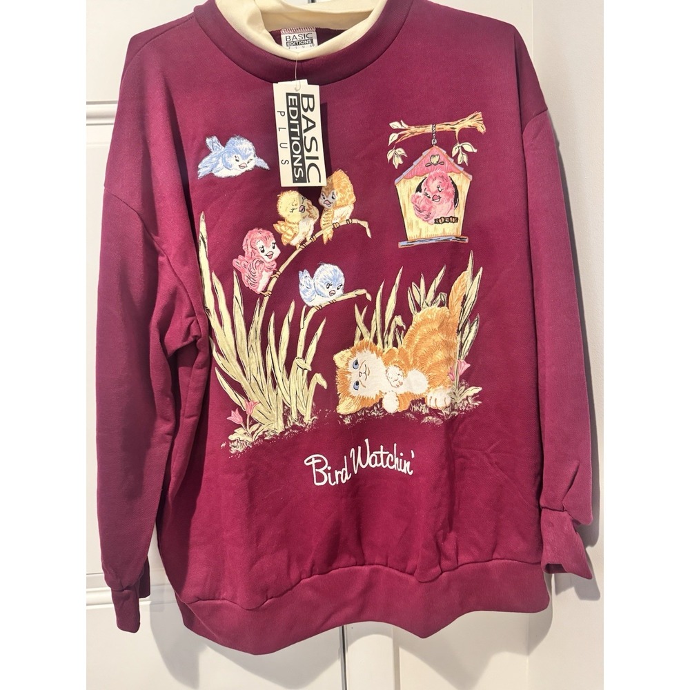 Vintage Bird Watchin Basic Editions Women's Sweatshirt cats Burgundy NWT 2XL
